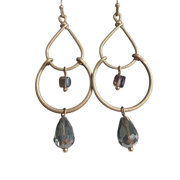 Gold Tone Teardrop Hoop Dangle Earrings Crystal Accents Hook Back Boho Chic - Picture 2 of 4